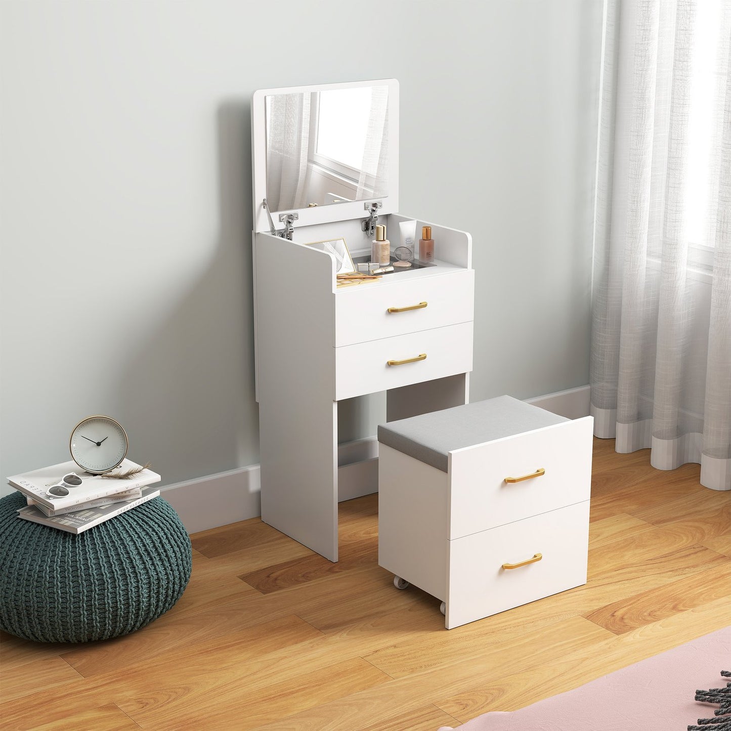 Vanity Table Set with Mirror, Nightstand, Stool, White