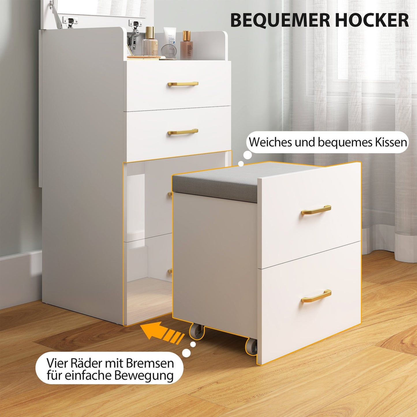 Vanity Table Set with Mirror, Nightstand, Stool, White