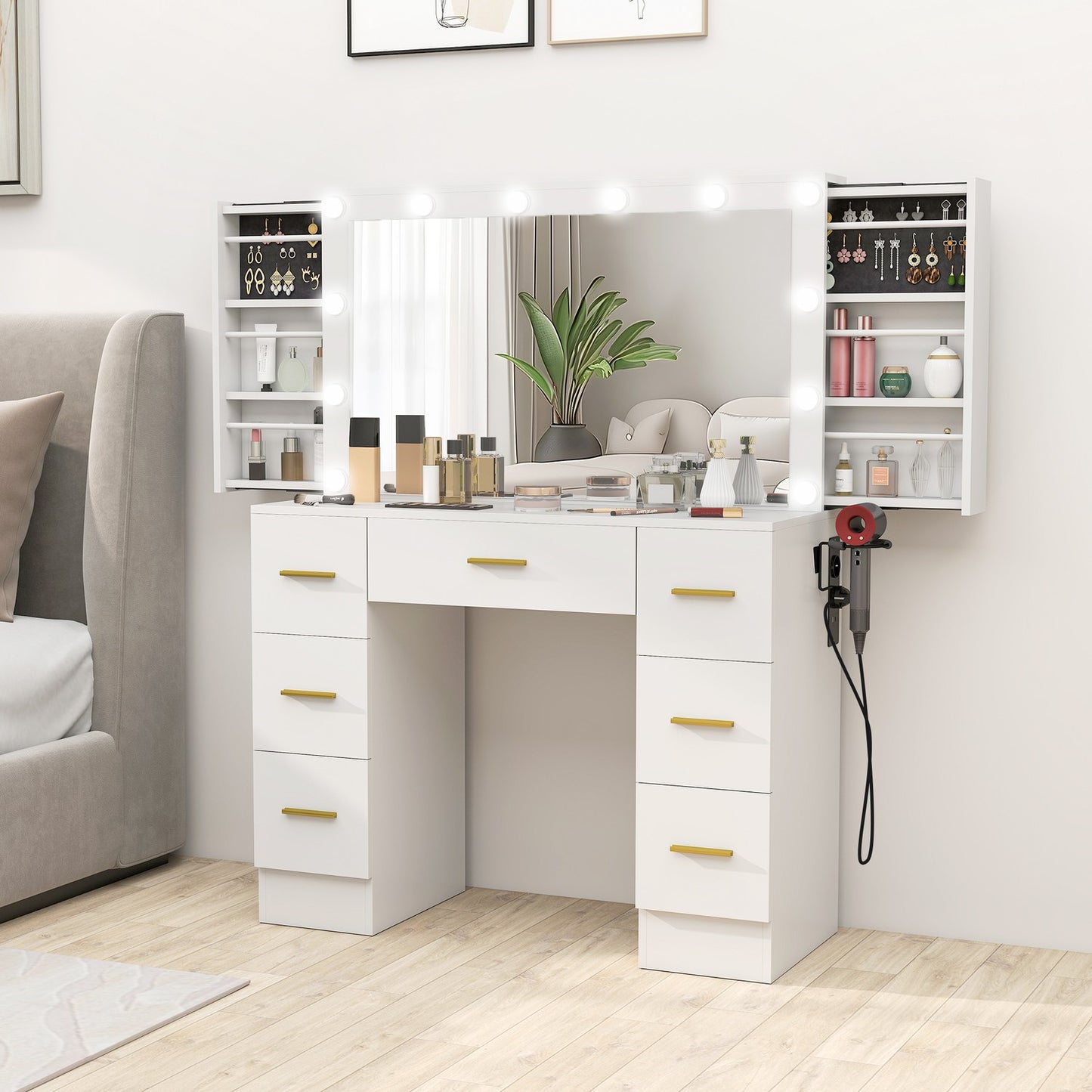 Vanity Table with Mirror, 12 LED Lights, 7 Drawers, White