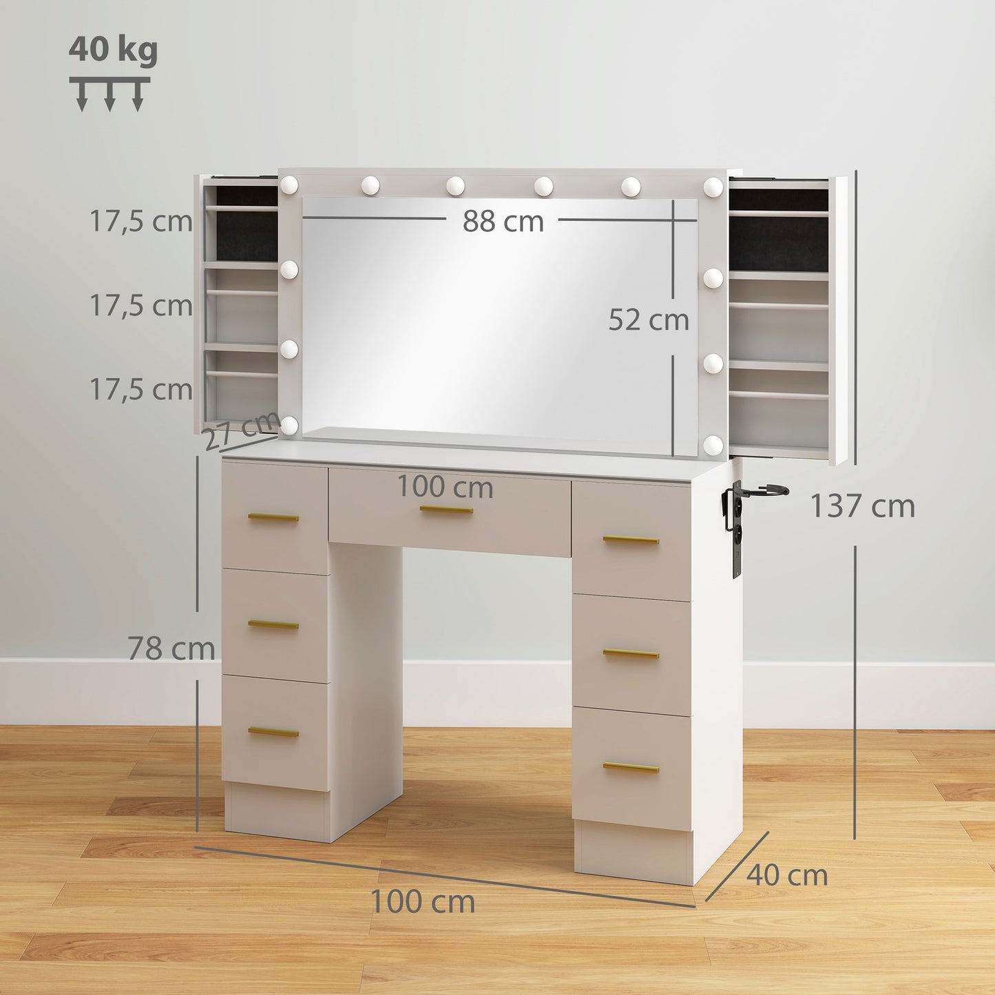 Vanity Table with Mirror, 12 LED Lights, 7 Drawers, White