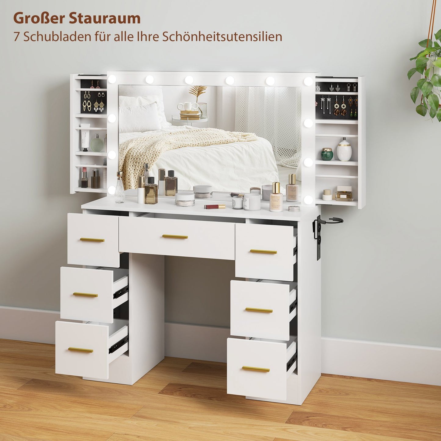 Vanity Table with Mirror, 12 LED Lights, 7 Drawers, White