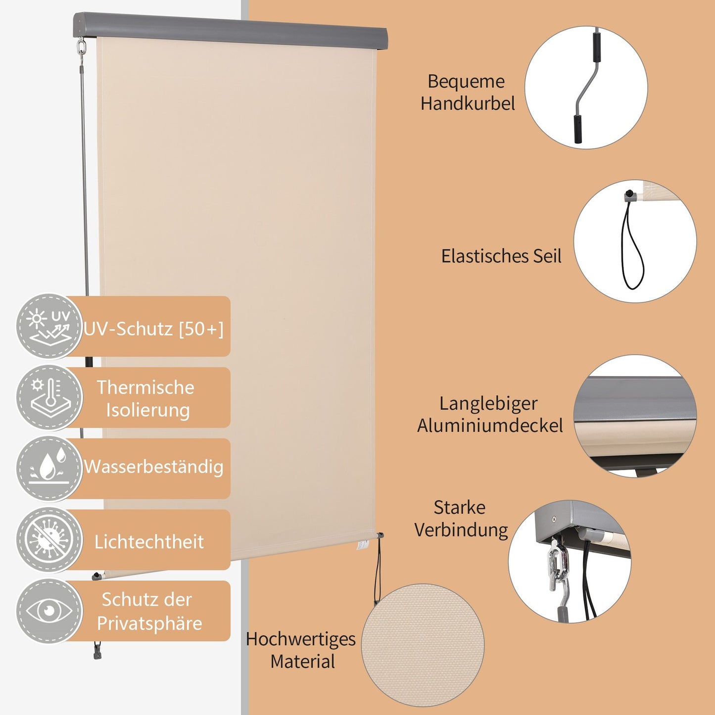 Creamy white Balcony awning - Hand crank, Wind protection, 120x200 Cm