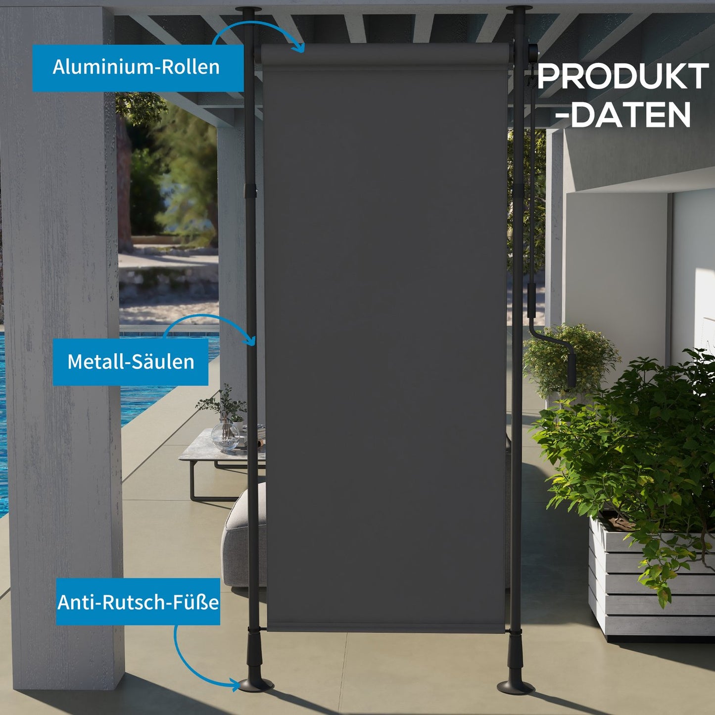 Weather-resistant outdoor roller blind, sun protection in polyester, 120-310cm