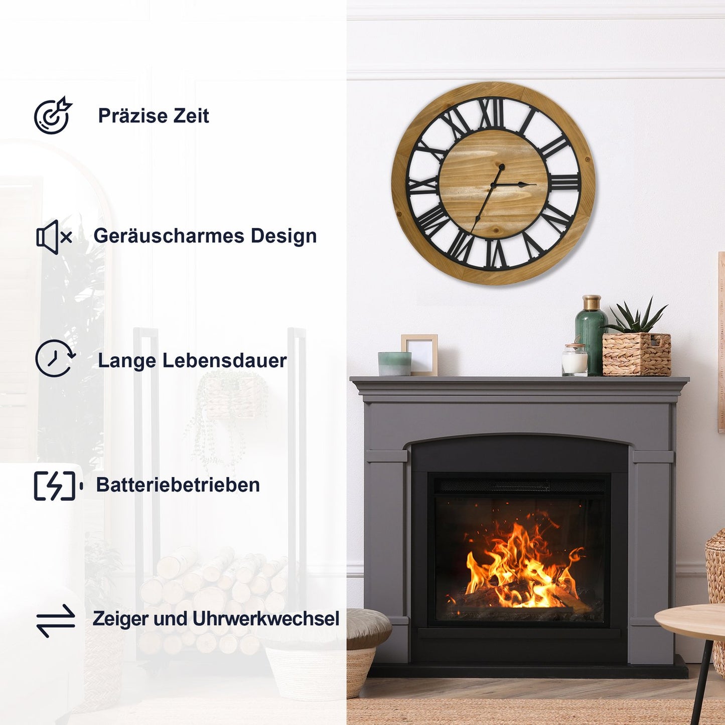 Silent vintage wall clock - 60 cm, metal & wood, black/natural