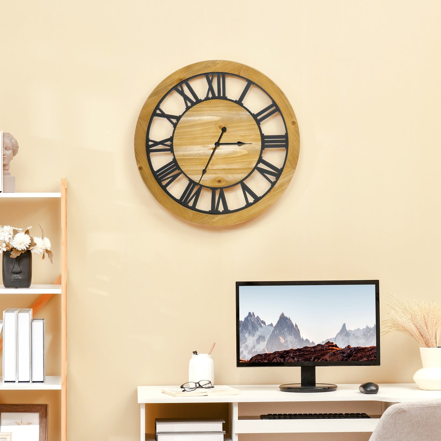 Silent vintage wall clock - 60 cm, metal & wood, black/natural