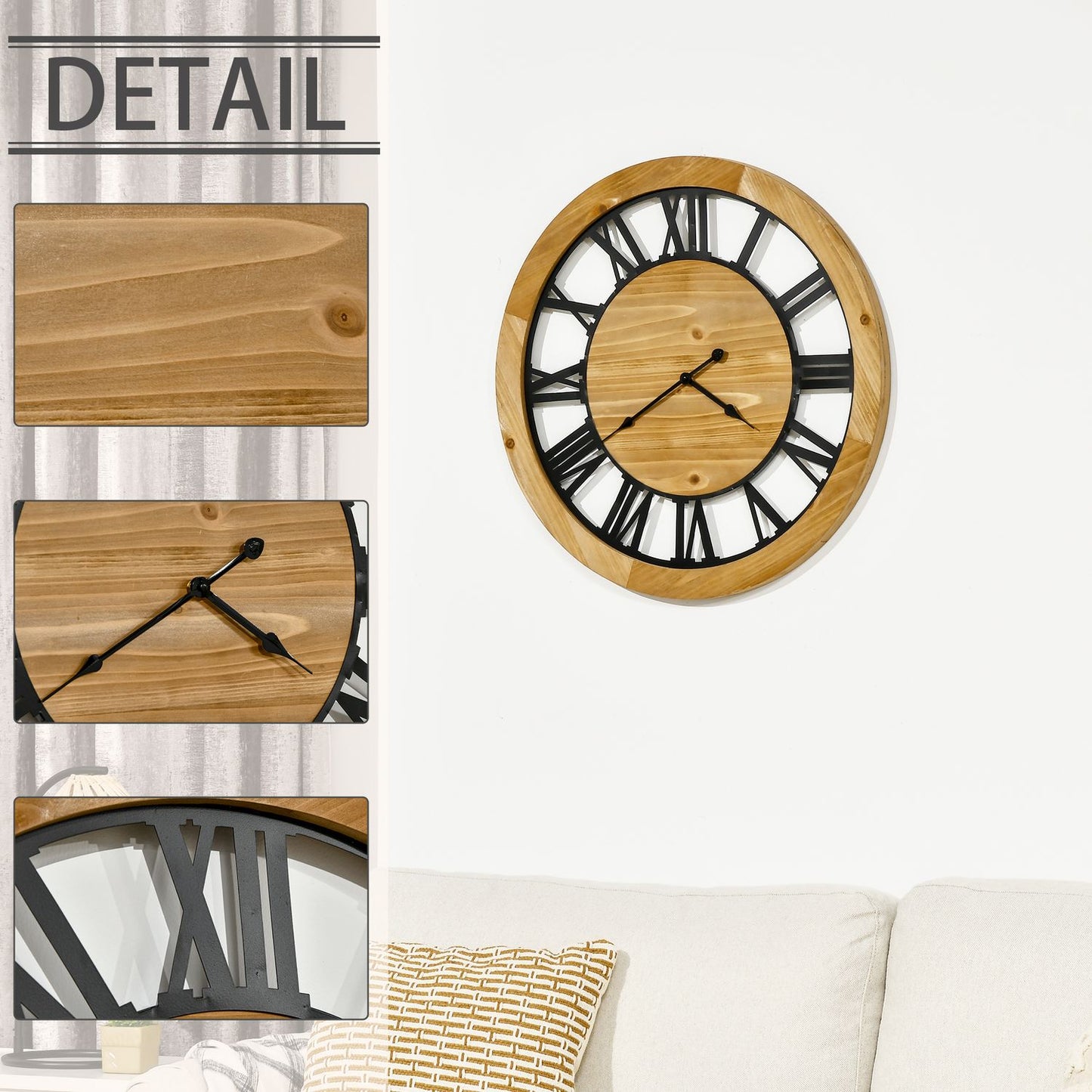 Silent vintage wall clock - 60 cm, metal & wood, black/natural