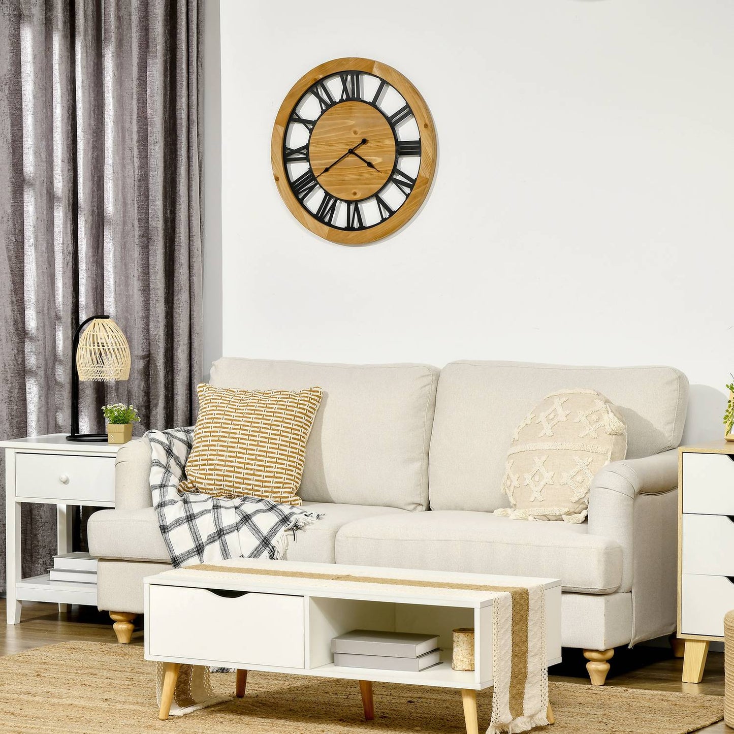 Silent vintage wall clock - 60 cm, metal & wood, black/natural