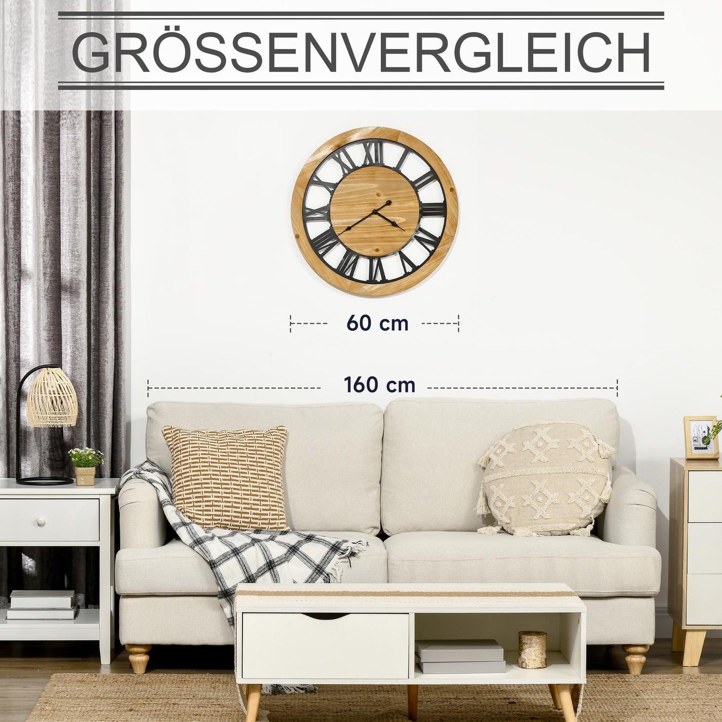 Silent vintage wall clock - 60 cm, metal & wood, black/natural