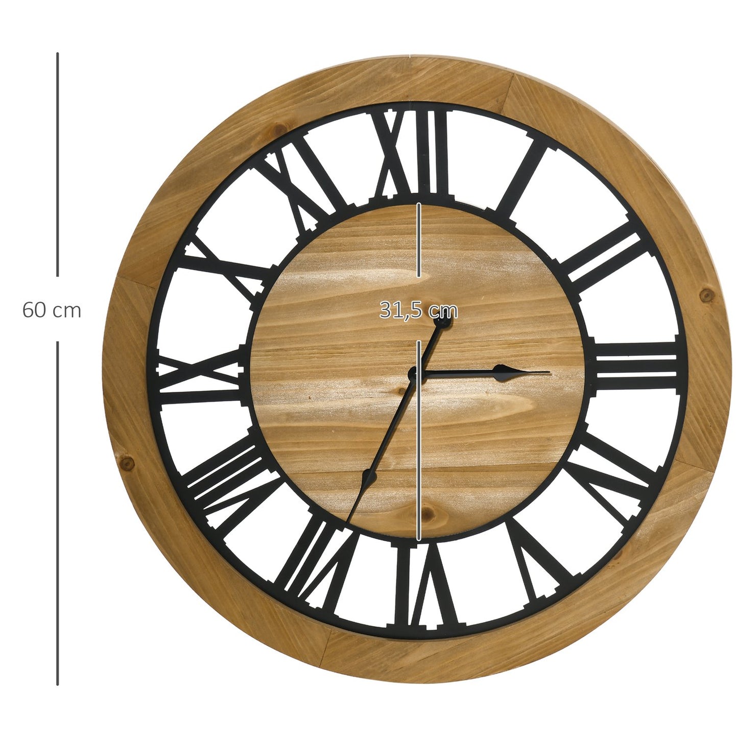 Silent vintage wall clock - 60 cm, metal & wood, black/natural