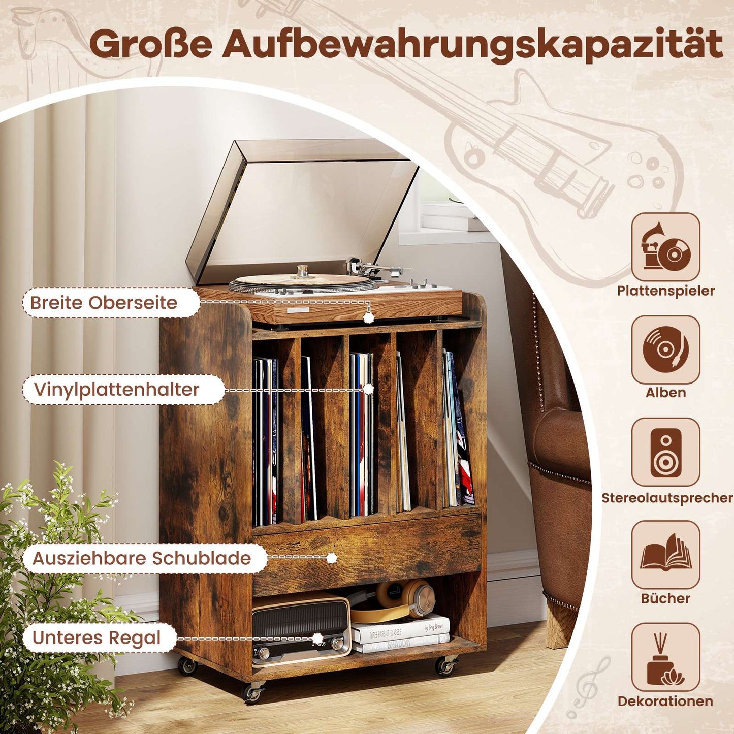 Vinyl Record Player Table with Storage, Drawer, Wheels, Brown