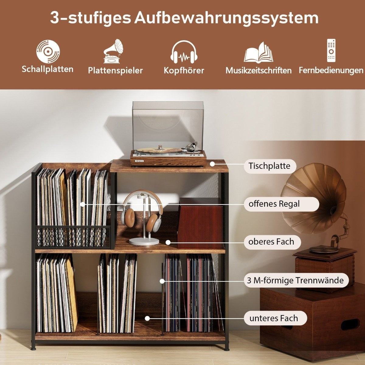 Vinyl Record Stand, 3-Tier, Holds 300 Albums, Removable Dividers
