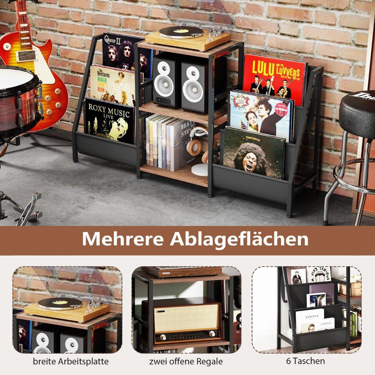 Vinyl Record Stand with 3 Shelves & 6 Storage Pockets