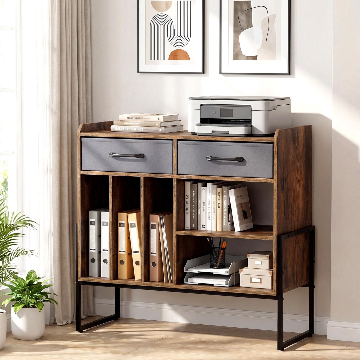 Vinyl Record Stand with Outlets & USB, Brown, Retro Charm