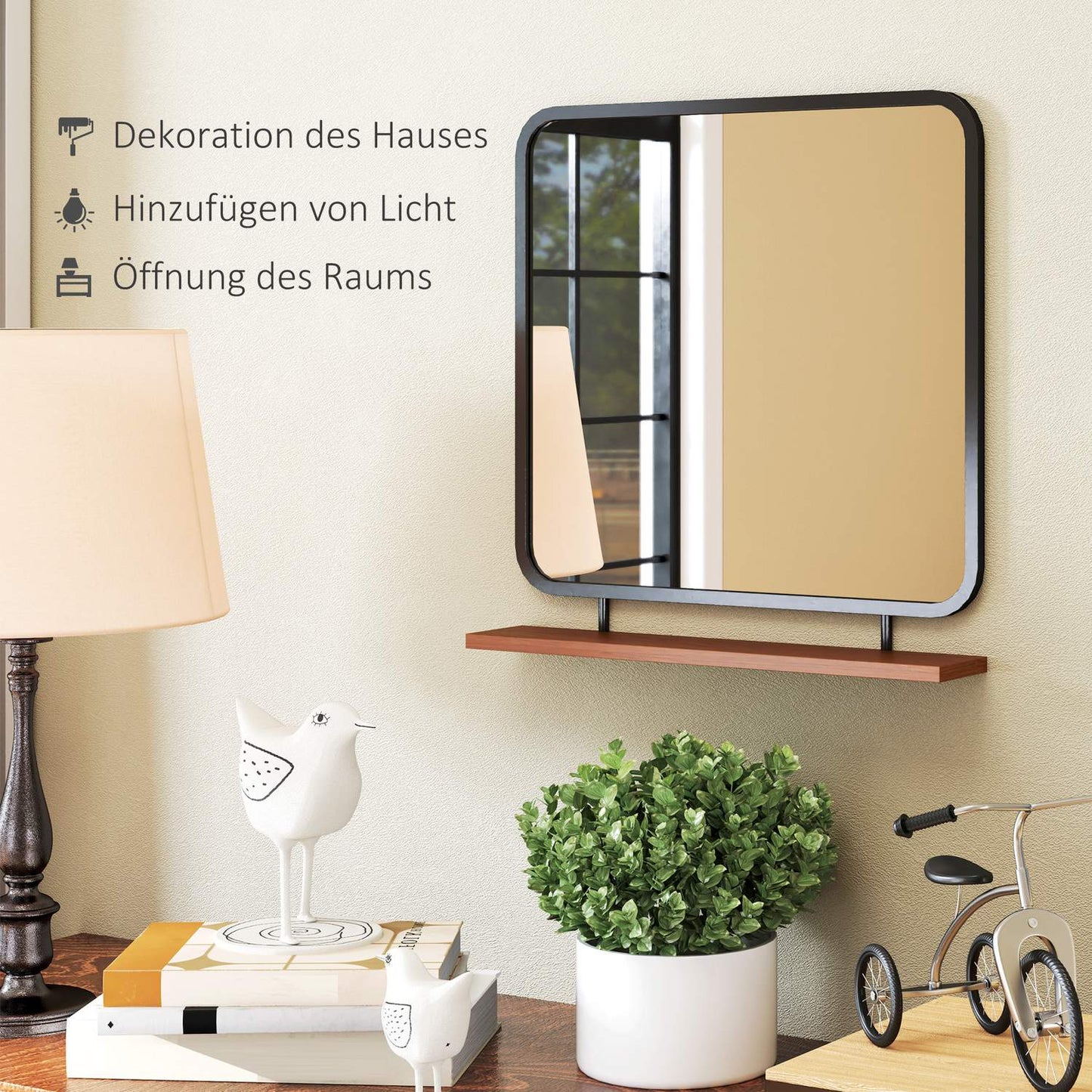 Black rectangular wall mirror with shelf - 55 x 55.5 cm