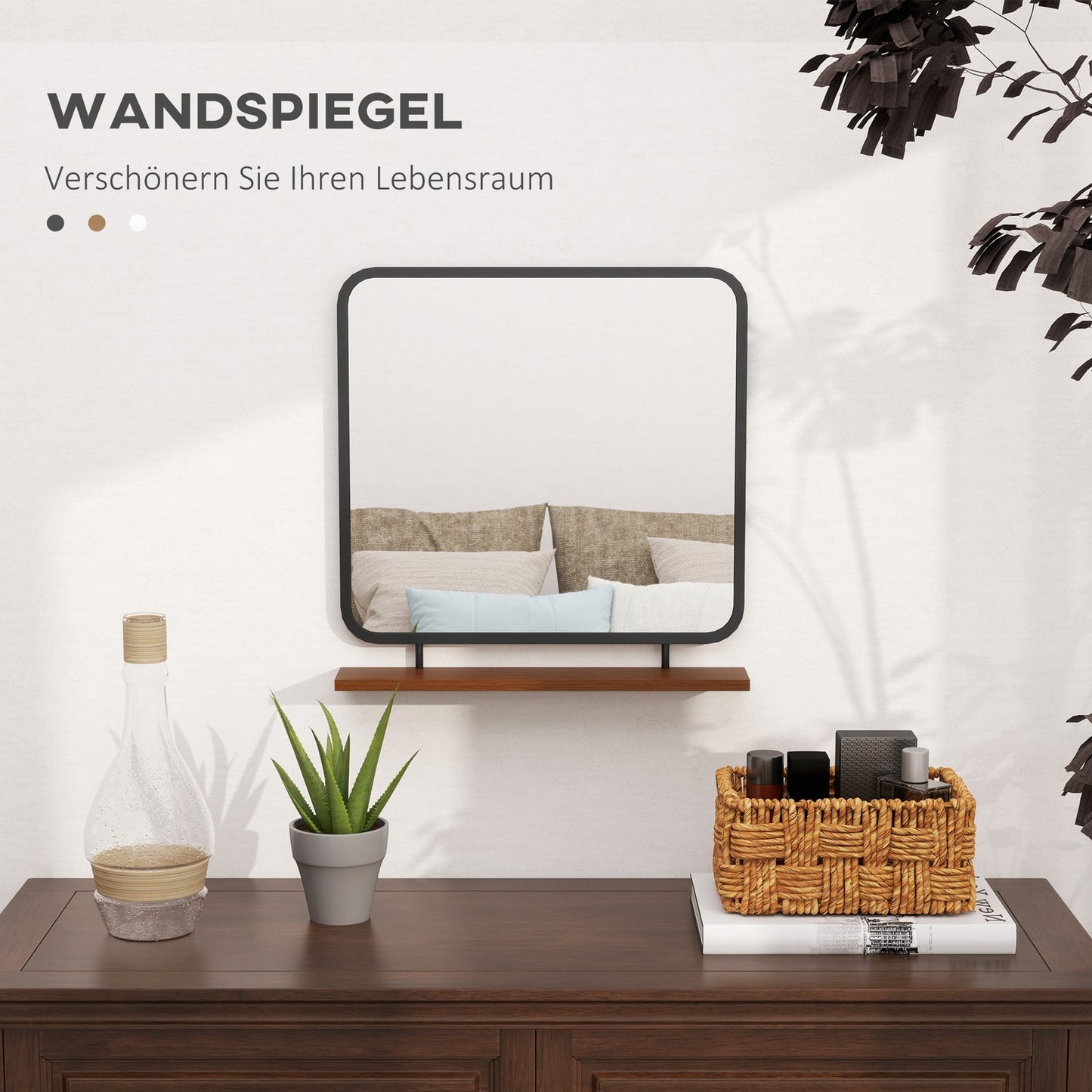 Black rectangular wall mirror with shelf - 55 x 55.5 cm