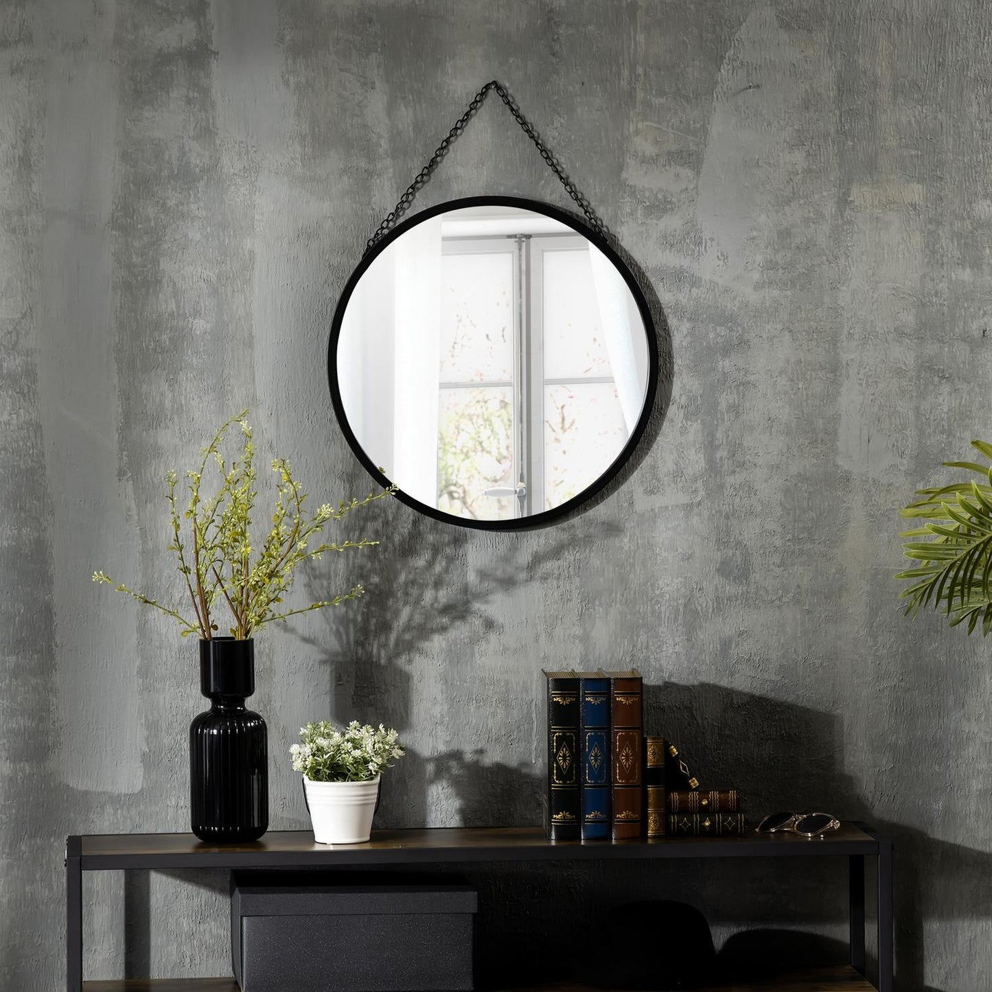 Round wall mirror, makeup mirror, 50 Cm, black metal frame
