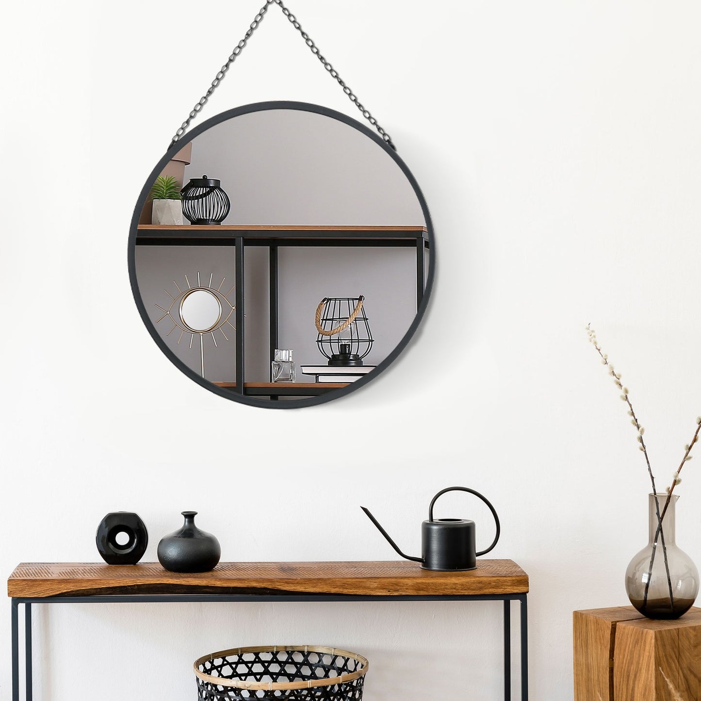 Round wall mirror, makeup mirror, 50 Cm, black metal frame