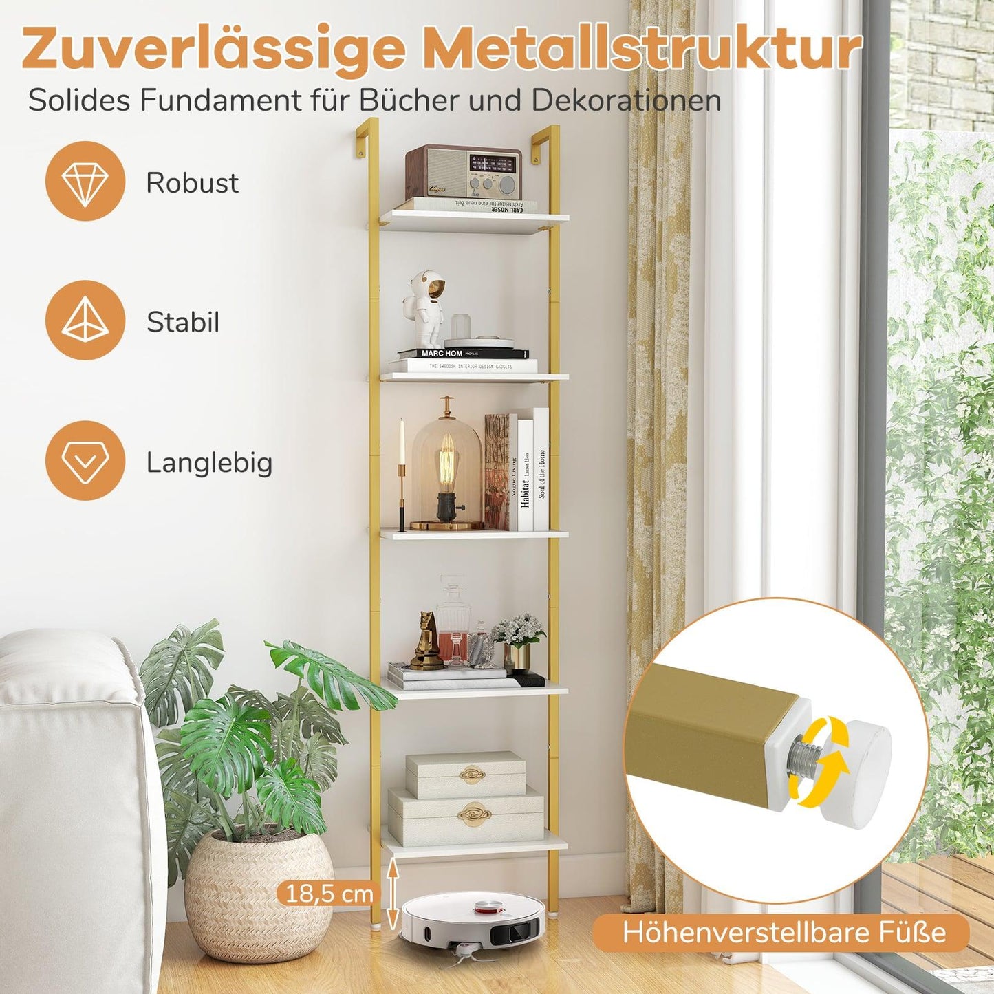 Wall-Mounted 5-Tier Ladder Bookshelf with Metal Frame
