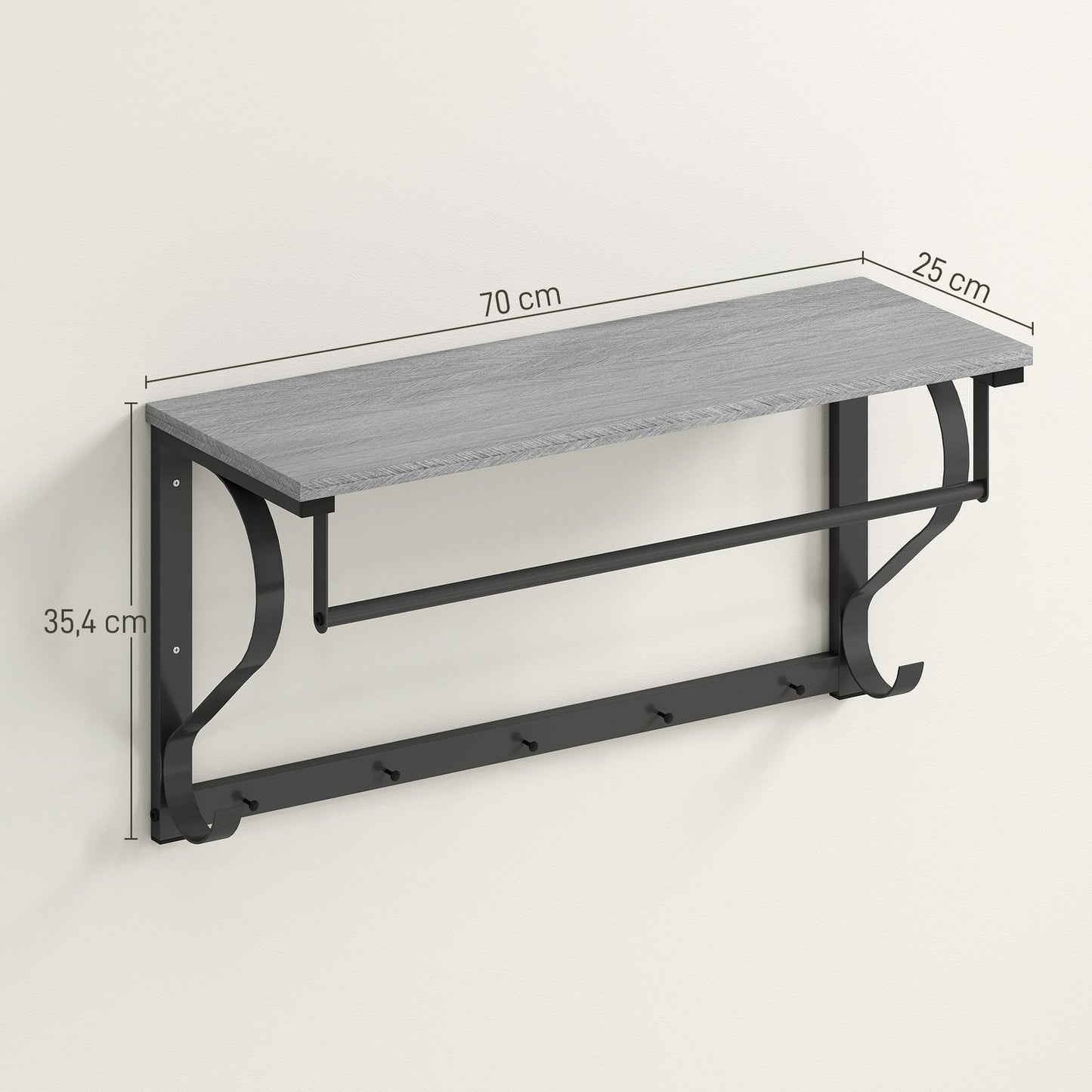 Wall-Mounted Coat Rack with Shelf and 5 Hooks, Gray
