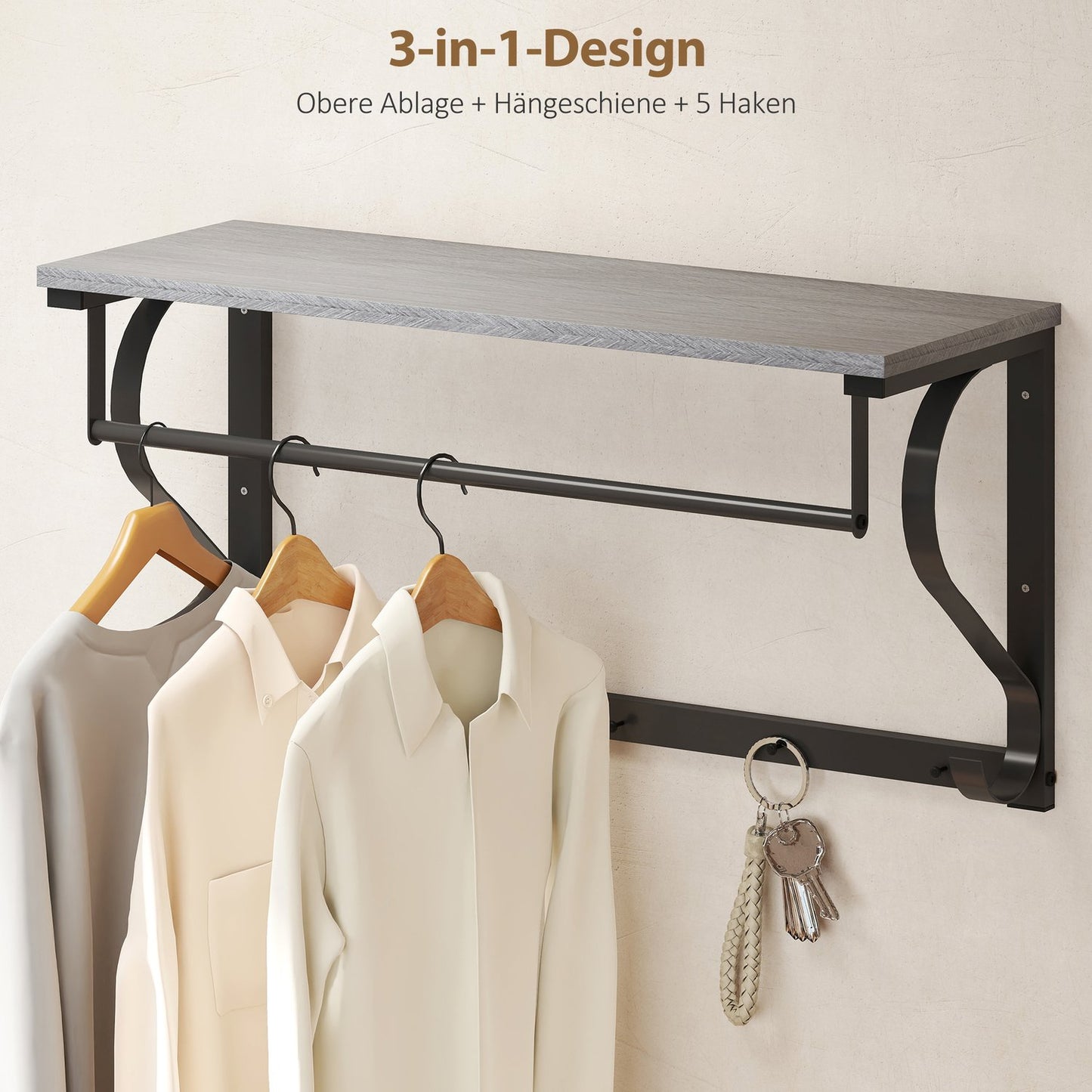 Wall-Mounted Coat Rack with Shelf and 5 Hooks, Gray