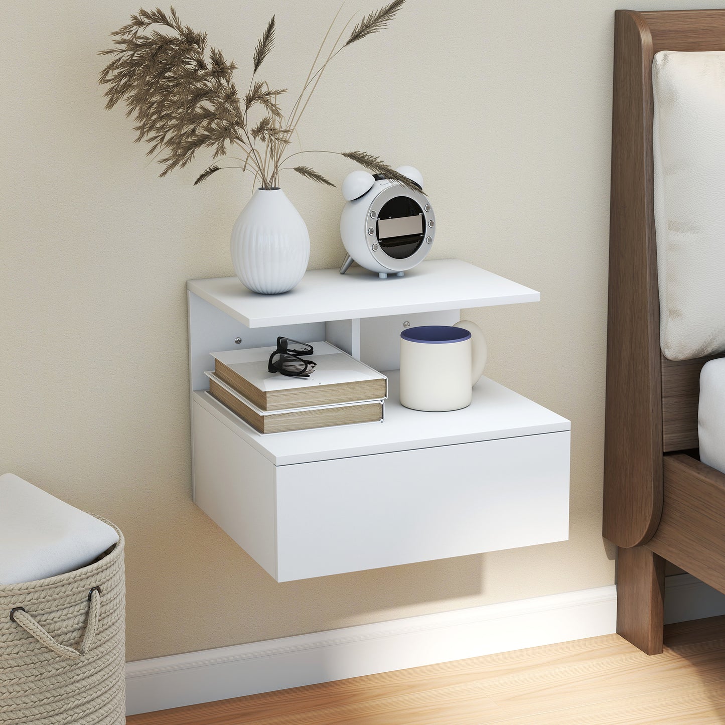 Wall-Mounted Floating Nightstand with Drawer, White, 39.8 x 35 x 31.6 cm