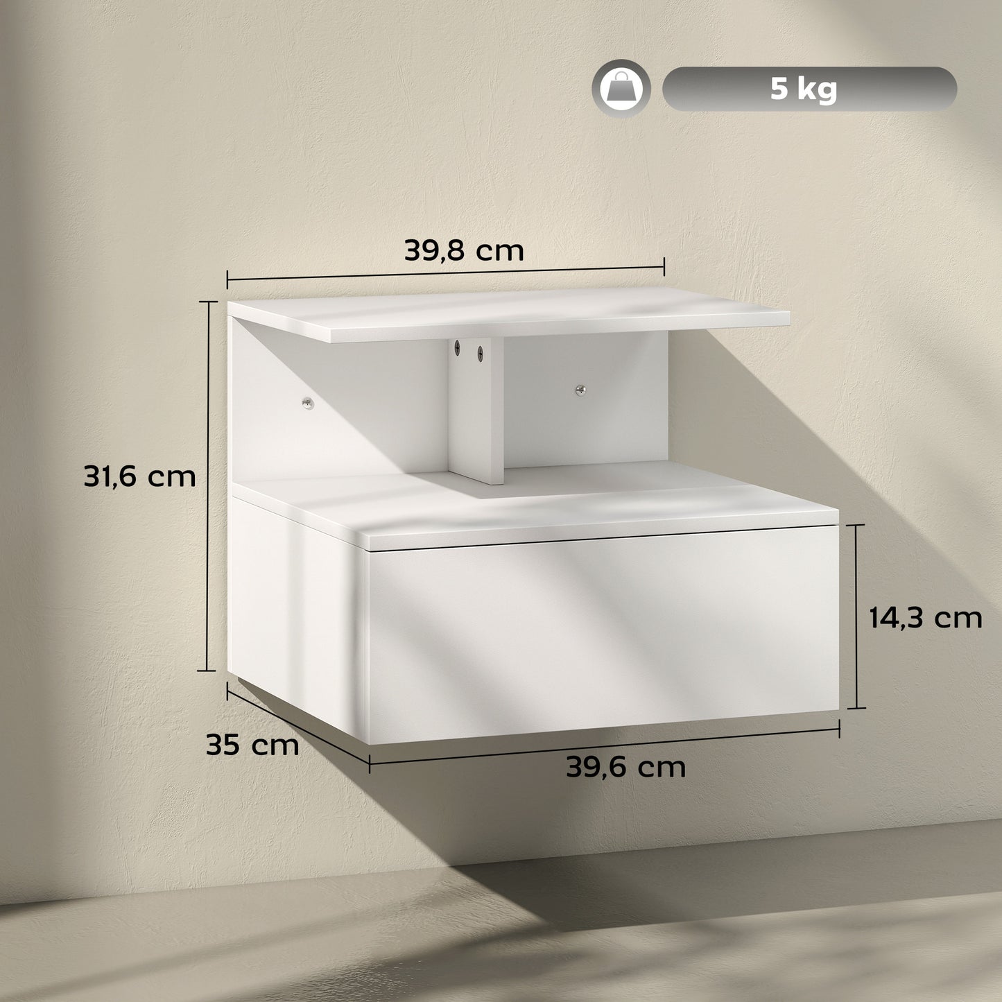Wall-Mounted Floating Nightstand with Drawer, White, 39.8 x 35 x 31.6 cm