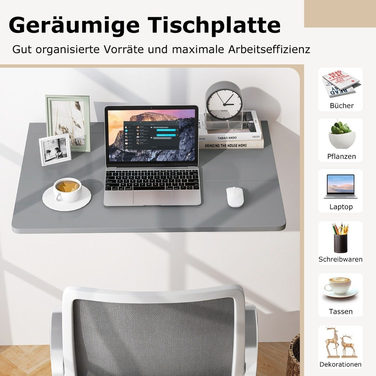 Wall-Mounted Folding Desk, Space-Saving, 80x60 cm, Gray
