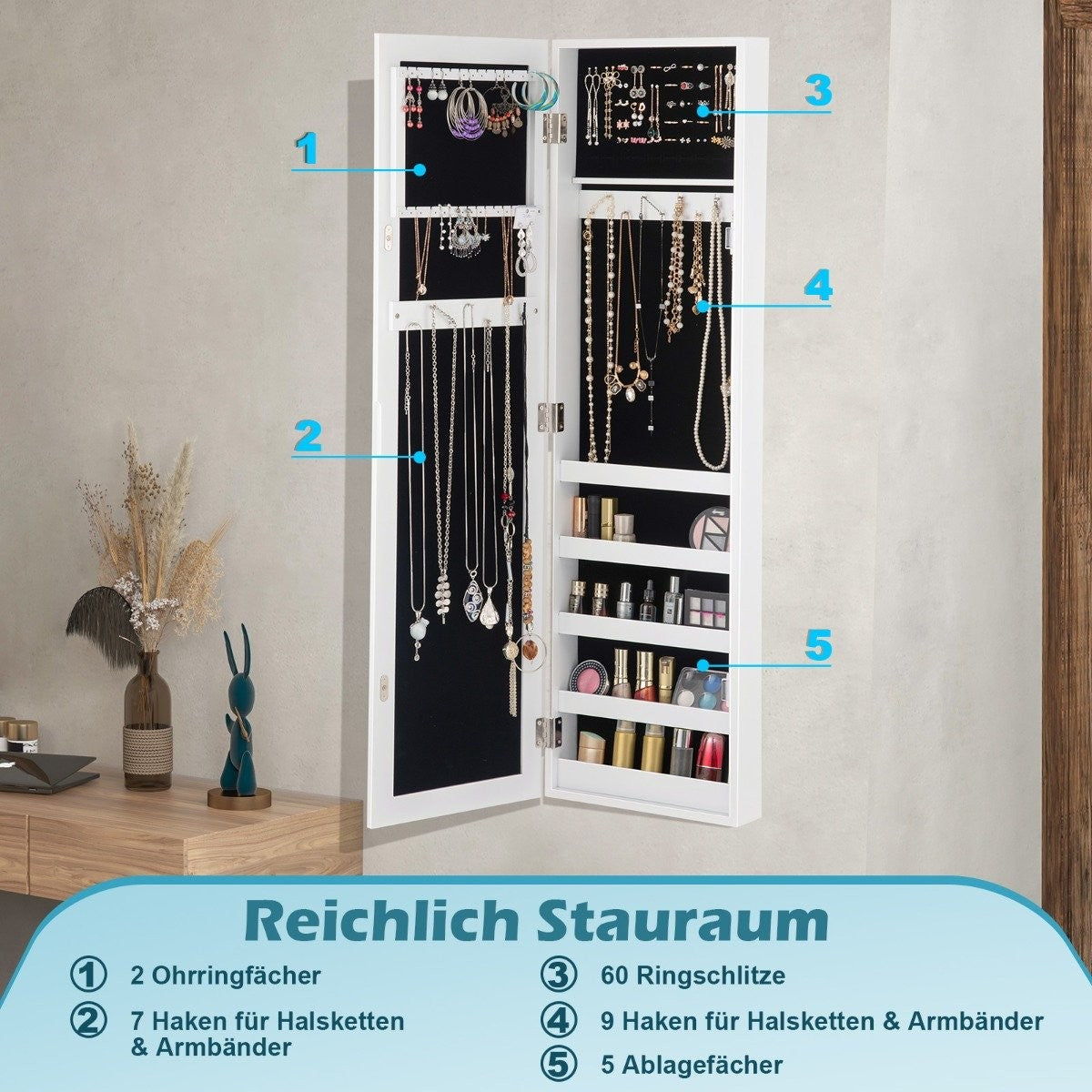 Wall-Mounted Jewelry Cabinet with Mirror and Storage