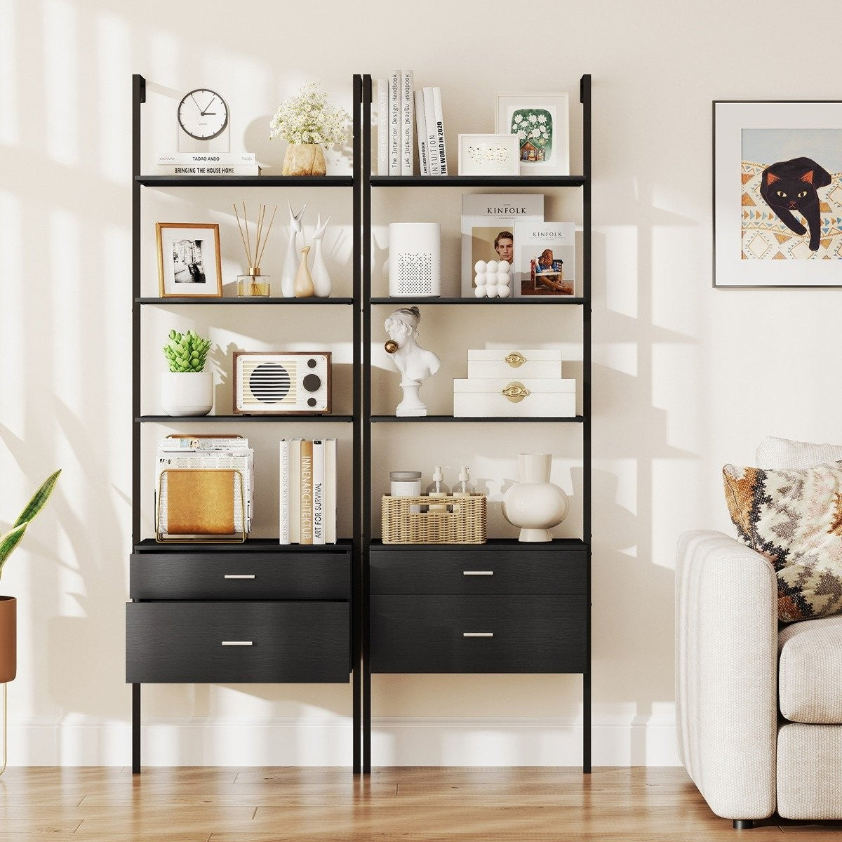 Wall-Mounted Ladder Bookshelf with Drawers, Black Metal Frame