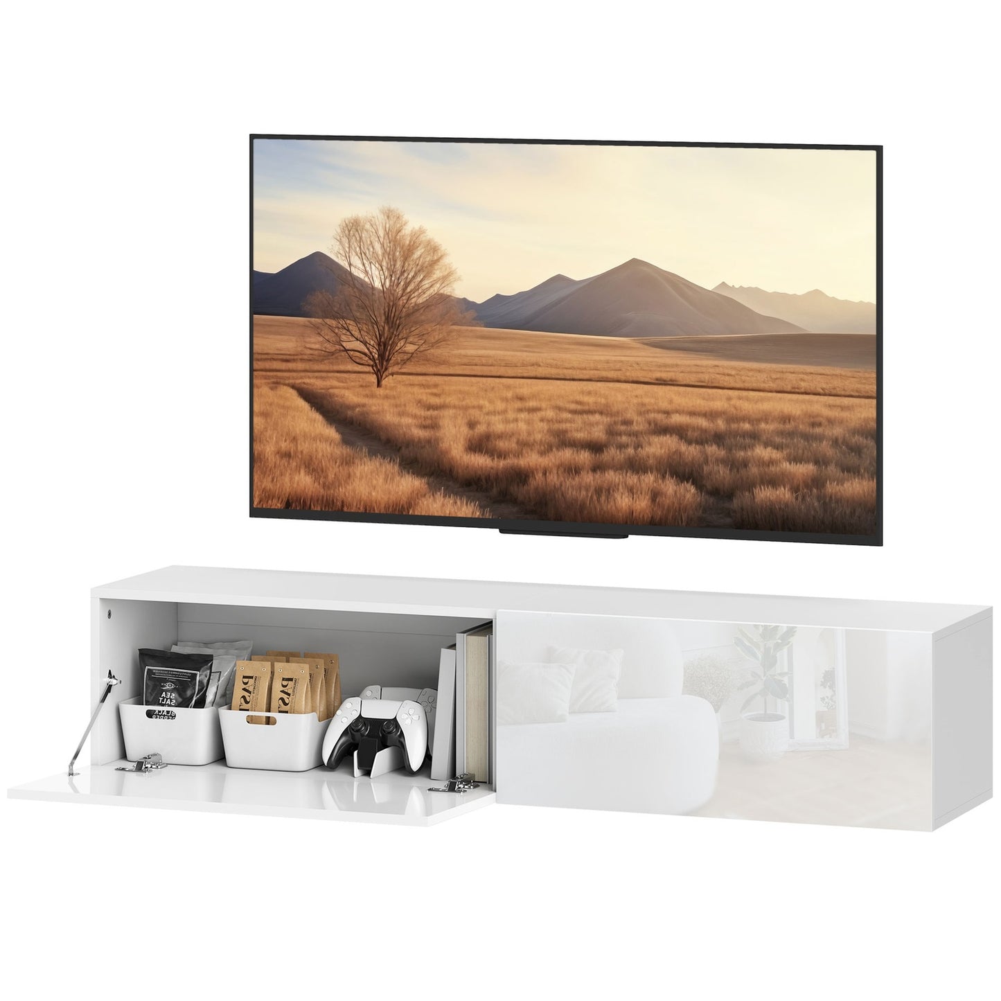 Wall-Mounted TV Cabinet, Floating Media Console, White