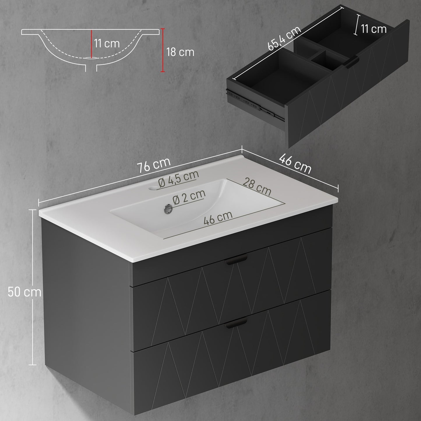 Wall-Mounted Vanity Unit with Ceramic Sink, Black