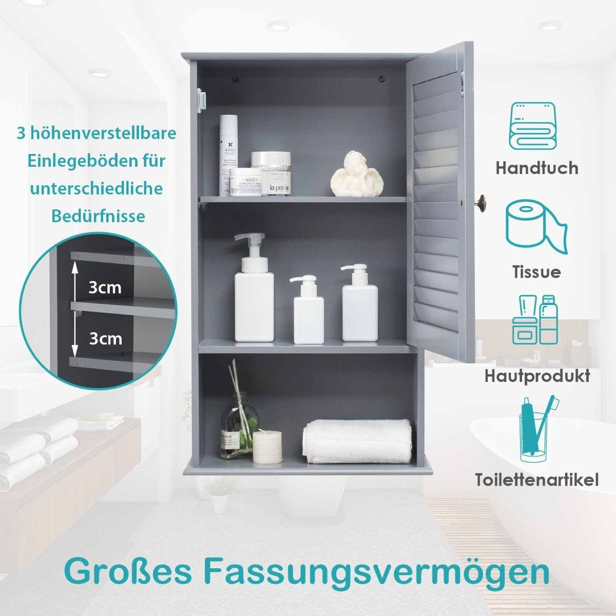 Wall cabinet bathroom cabinet wall cabinet with adjustable shelf gray