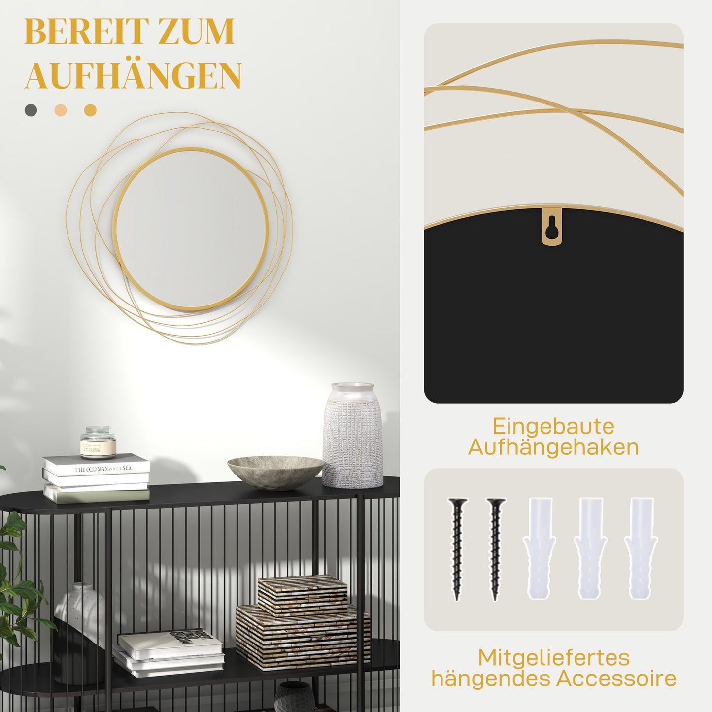 Gold round wall mirror, 65 cm - Metal frame, decorative
