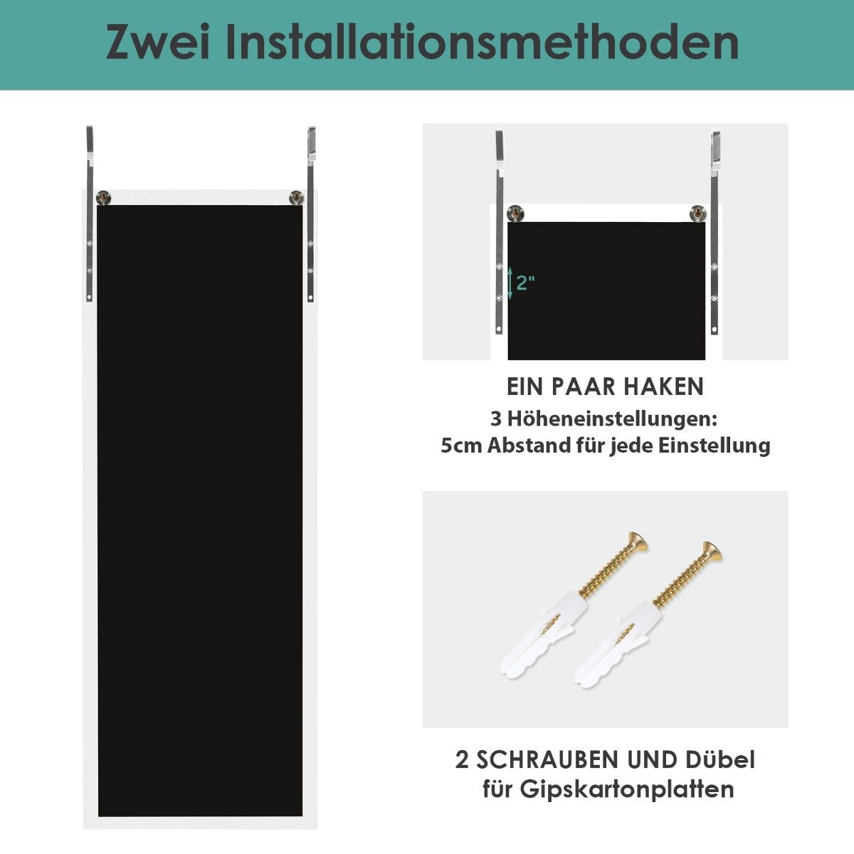 Wall mirror full-length mirror with height-adjustable hanging hooks 37 x 2 x 120 cm white