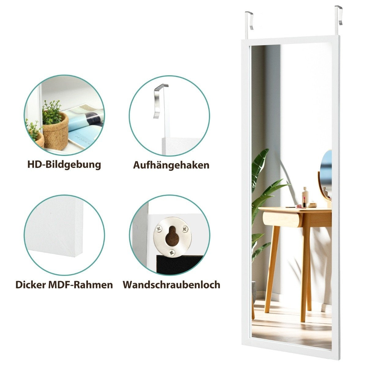 Wall mirror full-length mirror with height-adjustable hanging hooks 37 x 2 x 120 cm white