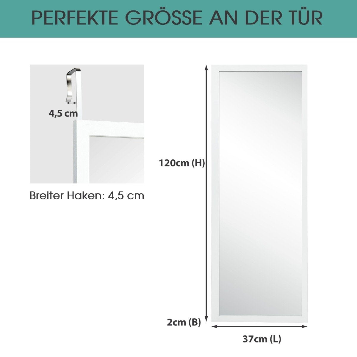 Wall mirror full-length mirror with height-adjustable hanging hooks 37 x 2 x 120 cm white
