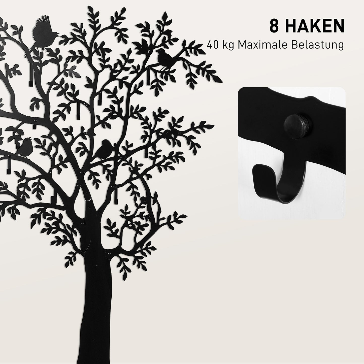 Wall-Mounted Metal Coat Rack with Tree and Bird Design