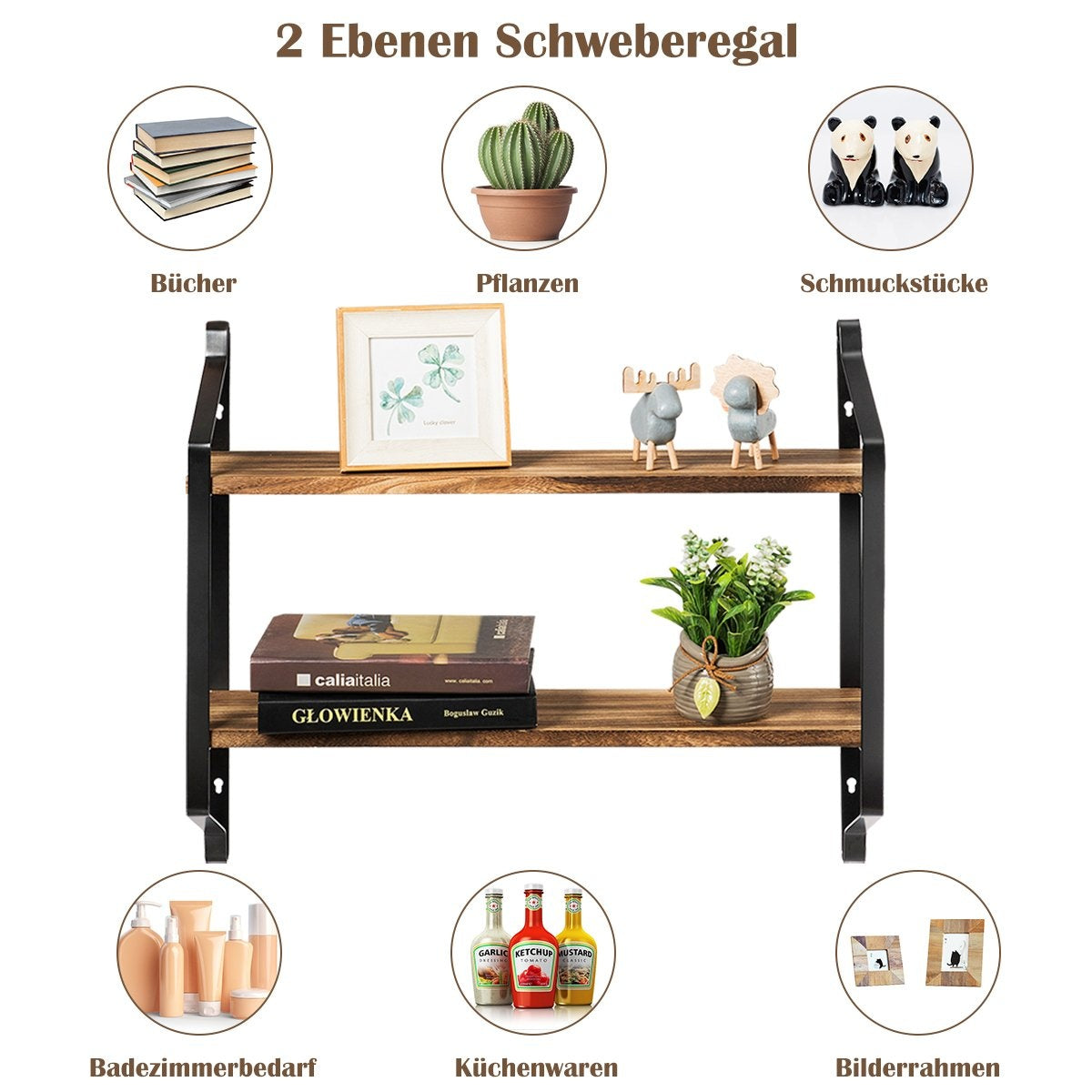 Wall shelf 2 levels floating shelf wall mounted shelf hanging 60 x 15 x 51 cm