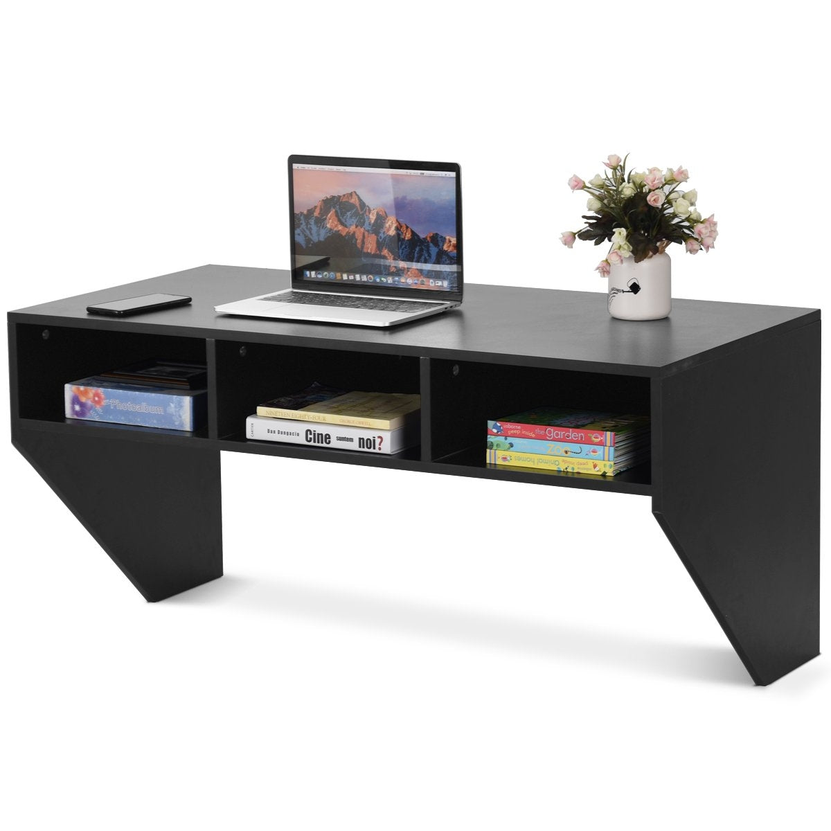 Wall table wood wall-mountable computer table with 3 shelves 108 x 53 x 52 cm black