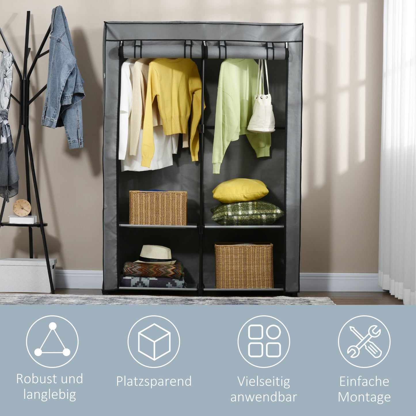 Fabric wardrobe with rails & 4 compartments, light grey