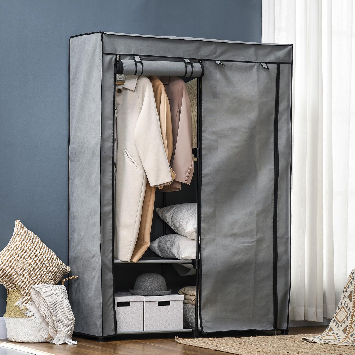Fabric wardrobe with rails & 4 compartments, light grey