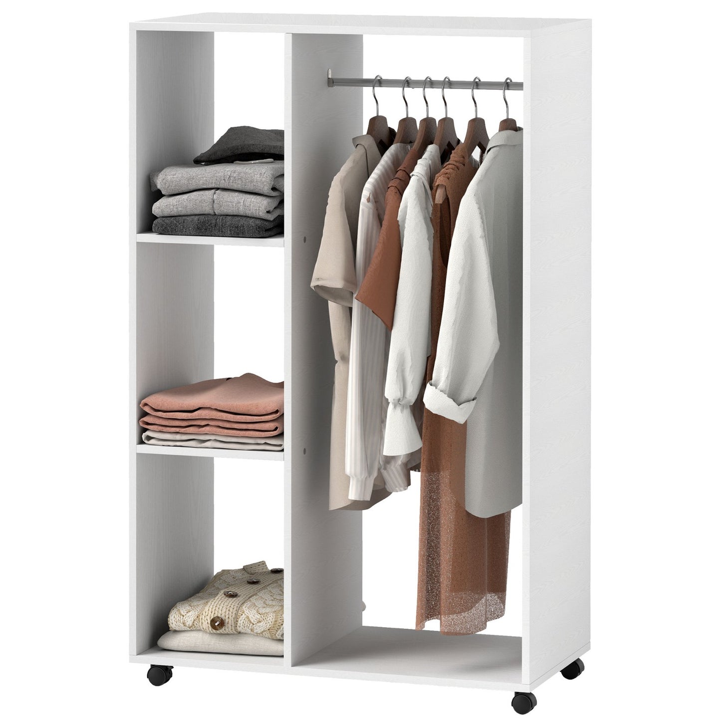Rolling clothes rack - 3 shelves, rail, 80x40x128 cm, white