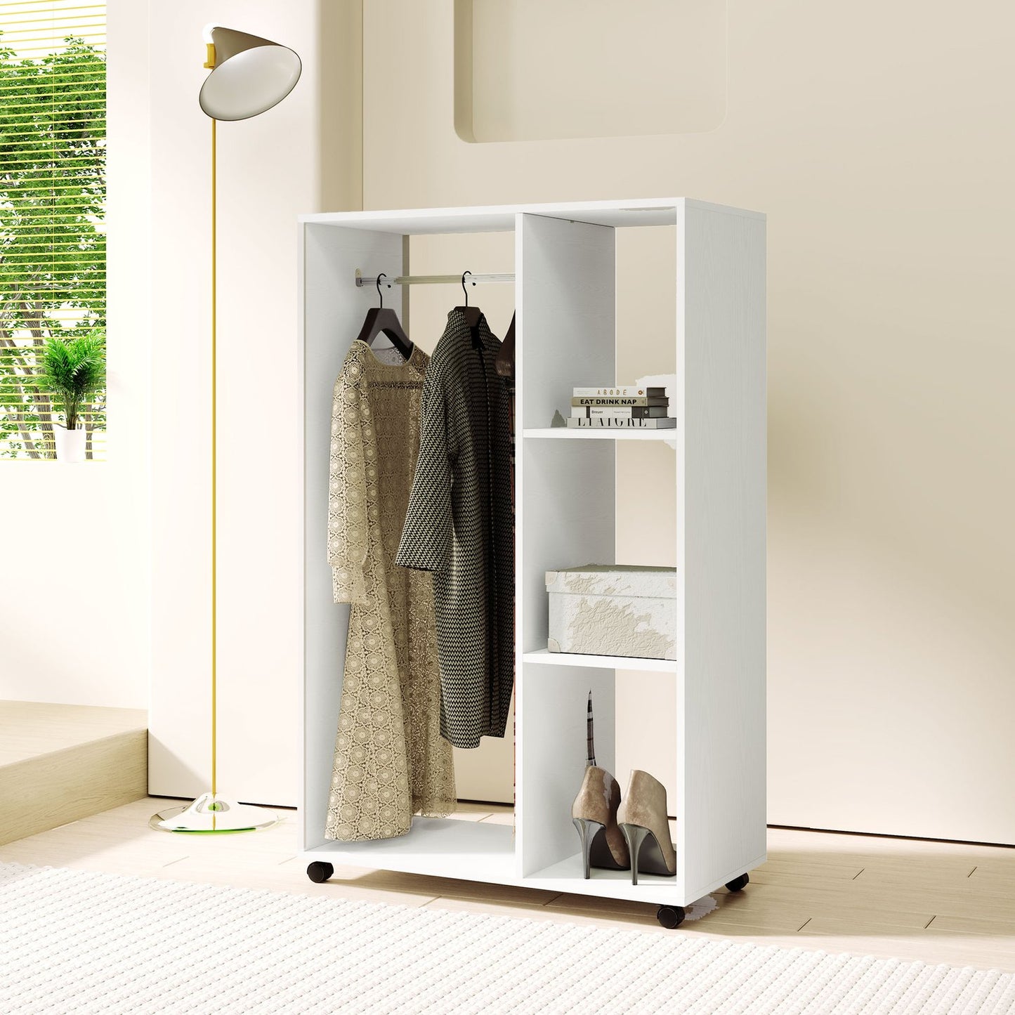 Rolling clothes rack - 3 shelves, rail, 80x40x128 cm, white