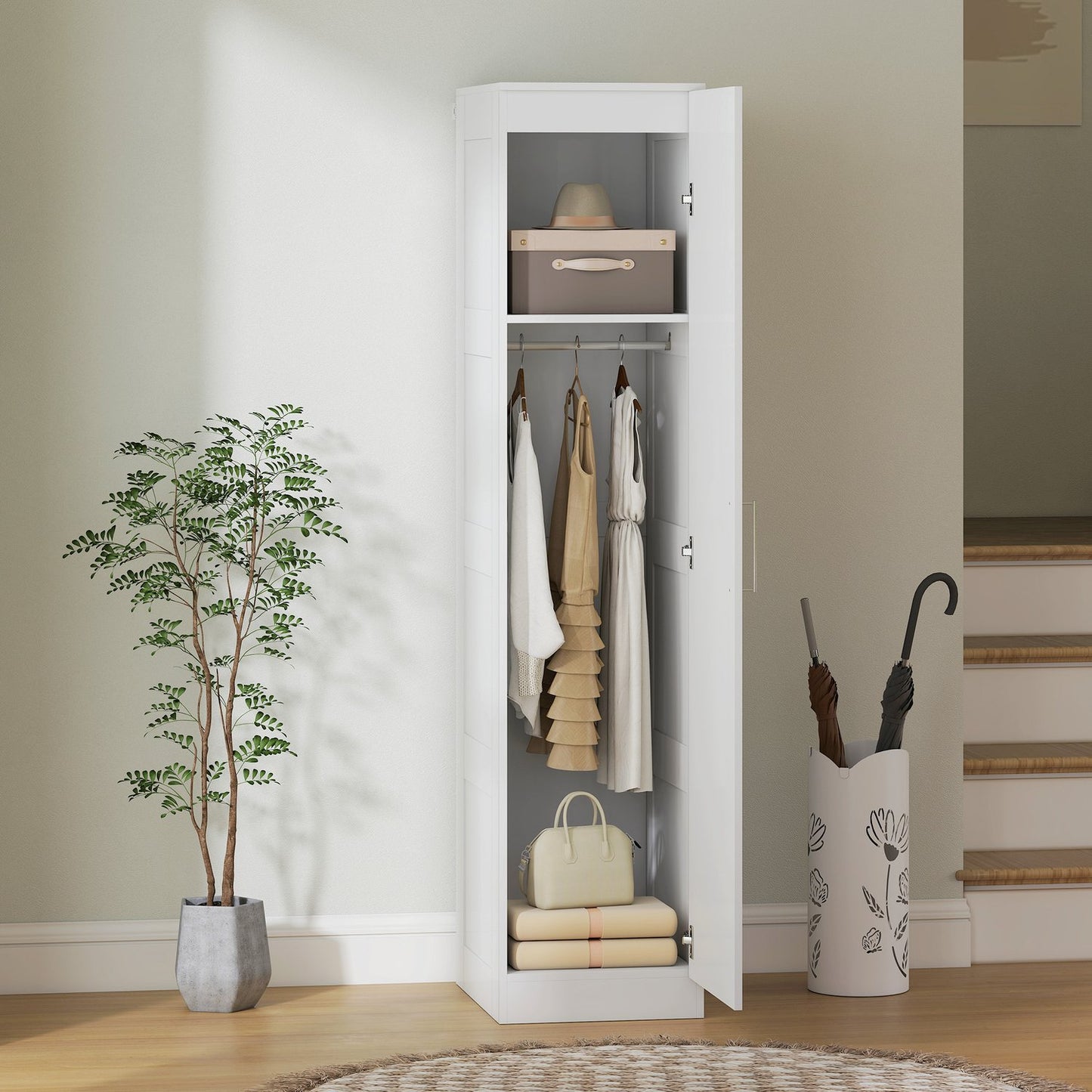 Wardrobe with Clothes Rail, Shelf, Soft-Close Door, White, 40x52x180 cm