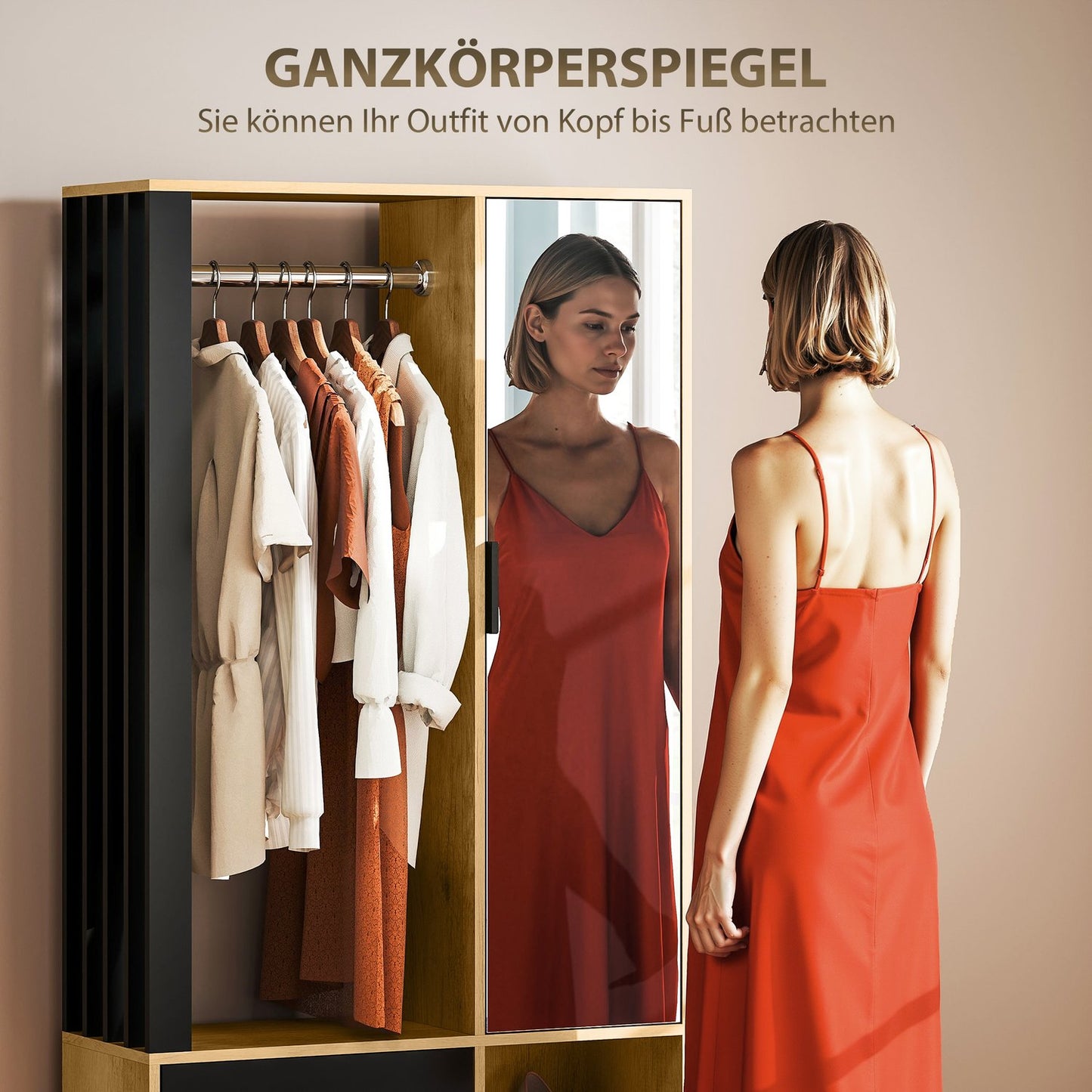 Wardrobe with Mirror, Hanging Rail, Natural Wood, Black