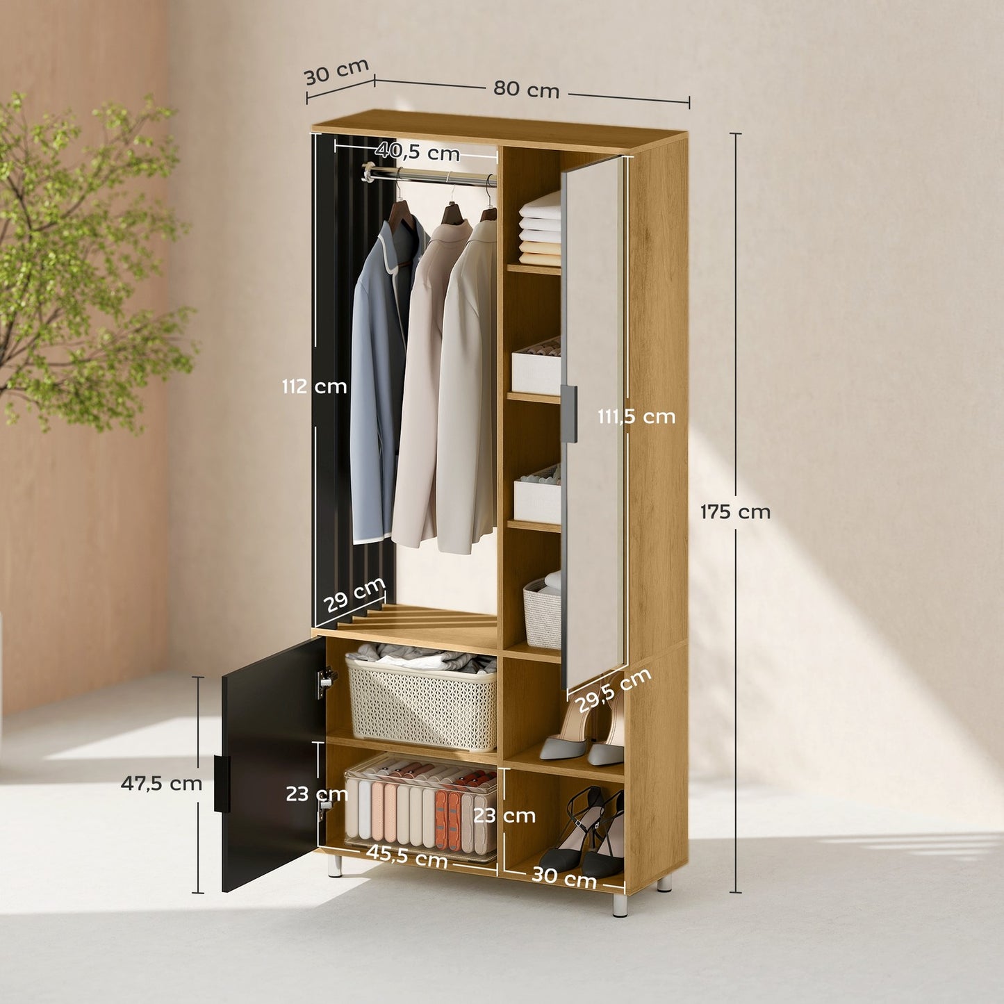 Wardrobe with Mirror, Hanging Rail, Natural Wood, Black