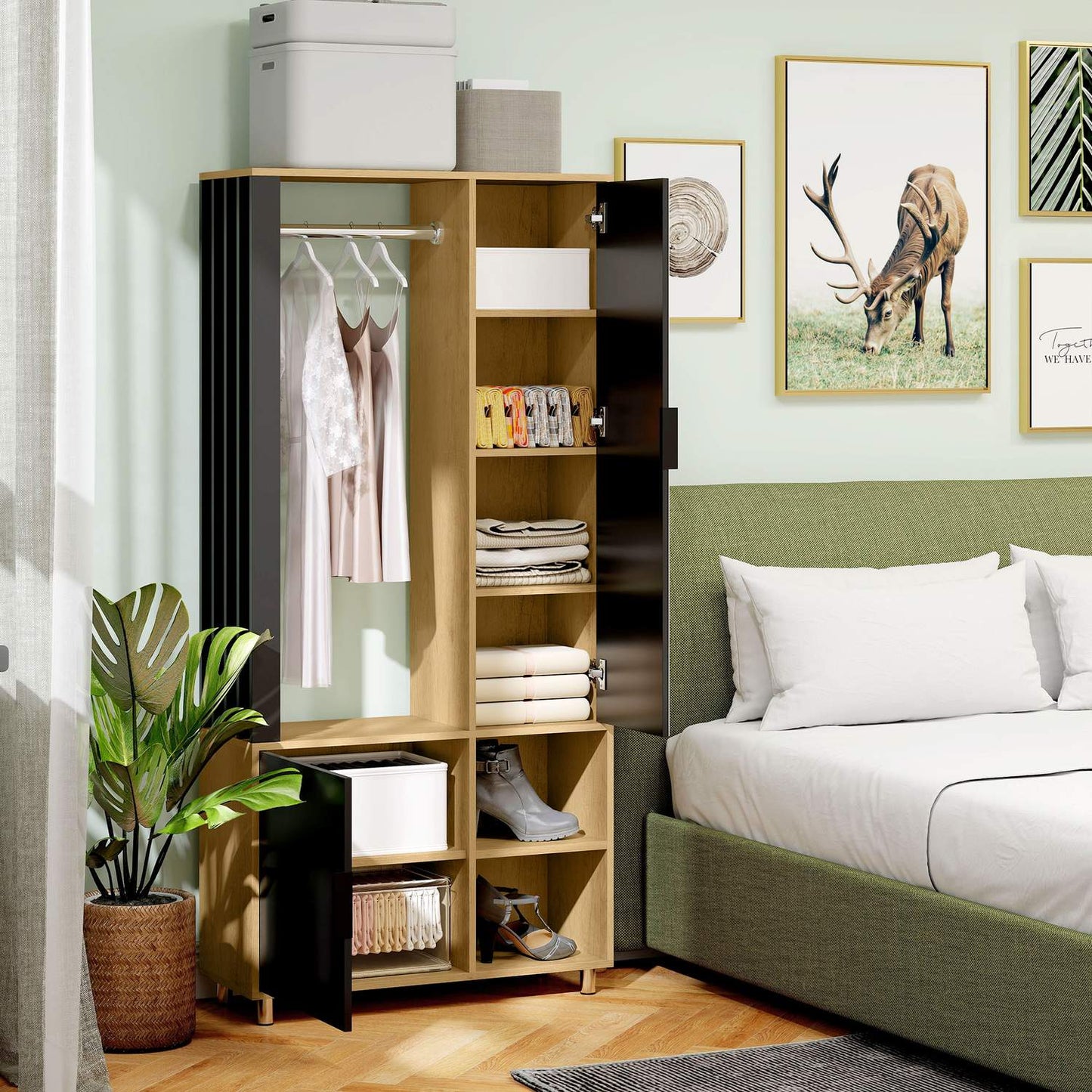 Wardrobe with Mirror, Hanging Rail, Natural Wood, Black