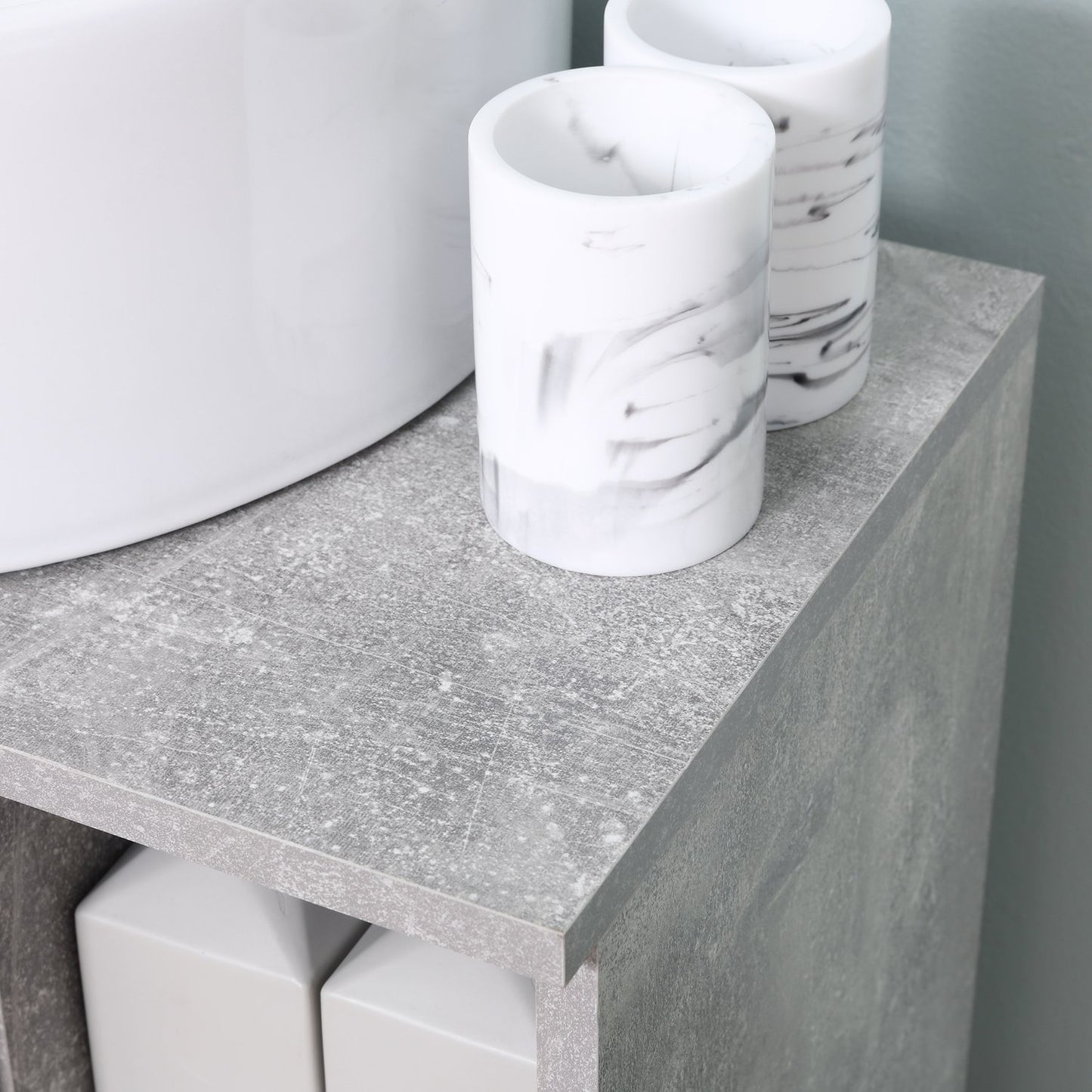 Gray & white bathroom cabinet, adjustable shelves