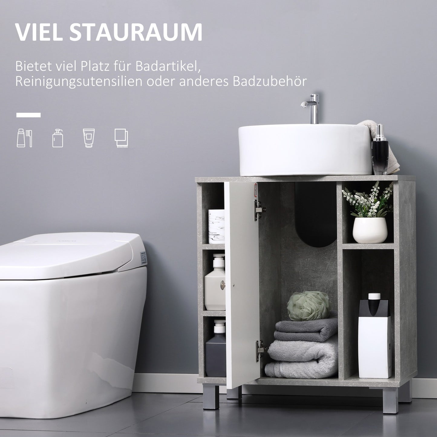 Gray & white bathroom cabinet, adjustable shelves