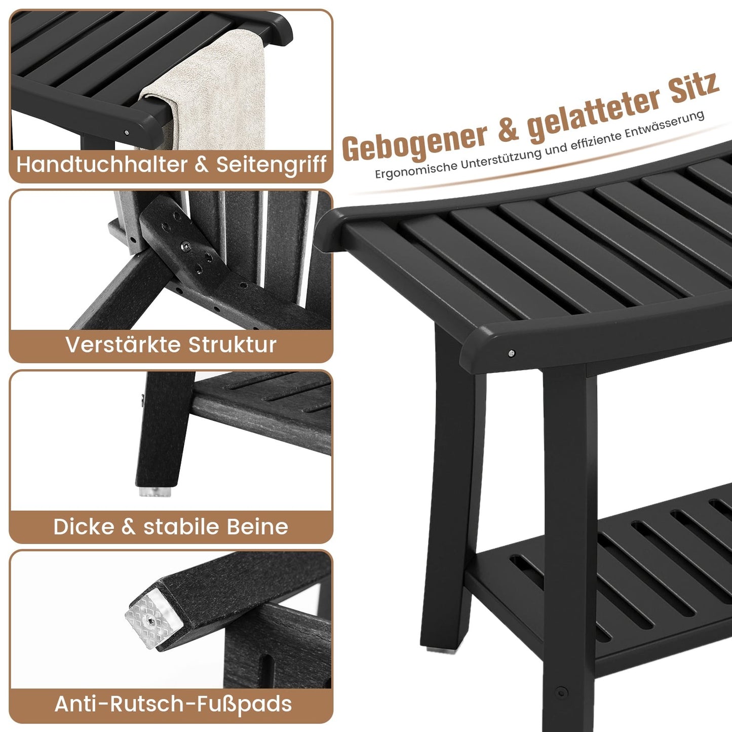Waterproof Shower Bench, Curved Seat, Black, 2-Tier Storage
